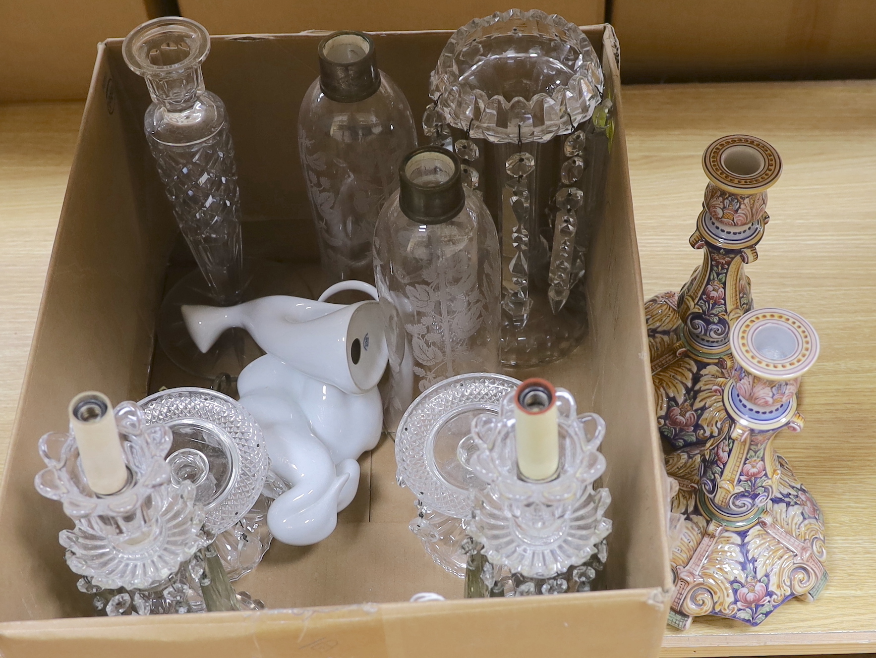 Two pairs of glass lustres, a larger lustre, other glassware, a pair of pottery candle sticks and ornamental cats